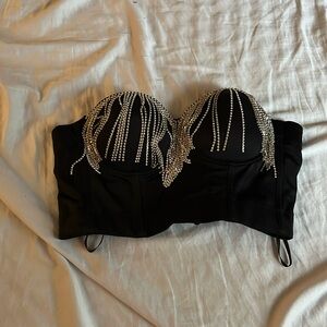 Women’s Black Rhinestone Fringe Bustier Corset Bra Top Size Large